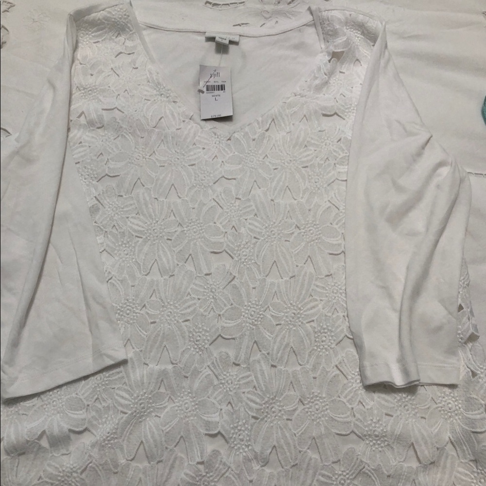 J Jill 3/4 sleeve white embroidered top NWT Large tunic top flower front